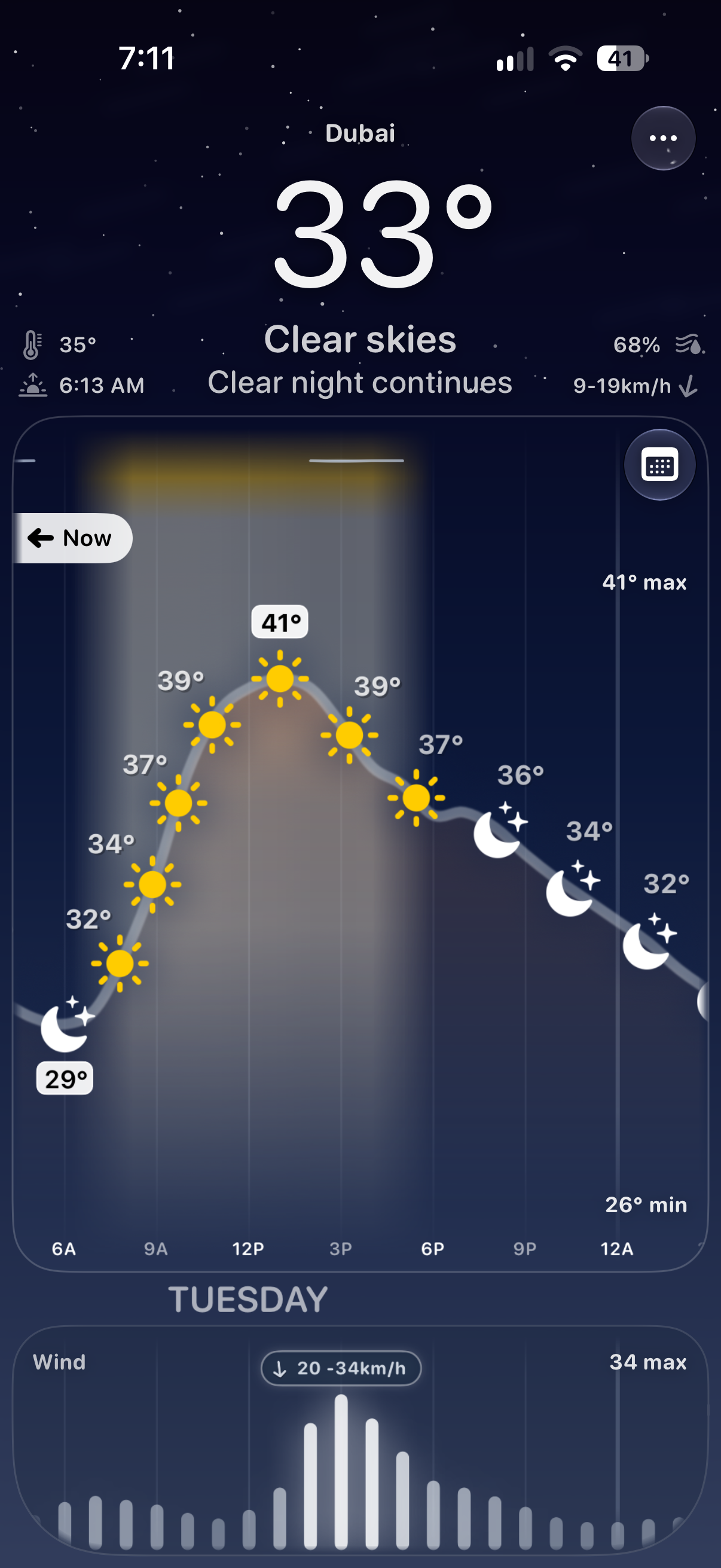 Arc Weather night sky, temperature curve, moon icons and wind chart